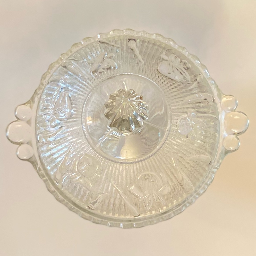 Iris & Herringbone Clear Footed Covered Candy Dish Depression Glass - Picture 5 of 16